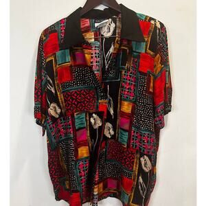 Funky 80s/90s Multi-Pattern Shirt with Tulips - Caliche - Size 38/18 women's